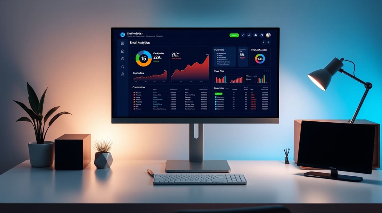 A high-tech marketing workspace displaying email campaign analytics, featuring performance dashboards with open rates, click-through rates, and A/B test results in a structured, data-driven environment.