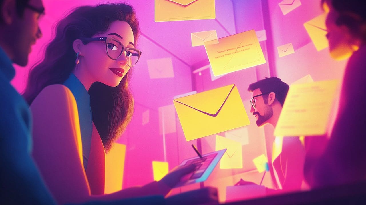 Vibrant, emotionally expressive scene illustrating the impact of email personalization, with dynamic human interactions, bright colors, and storytelling-driven engagement.