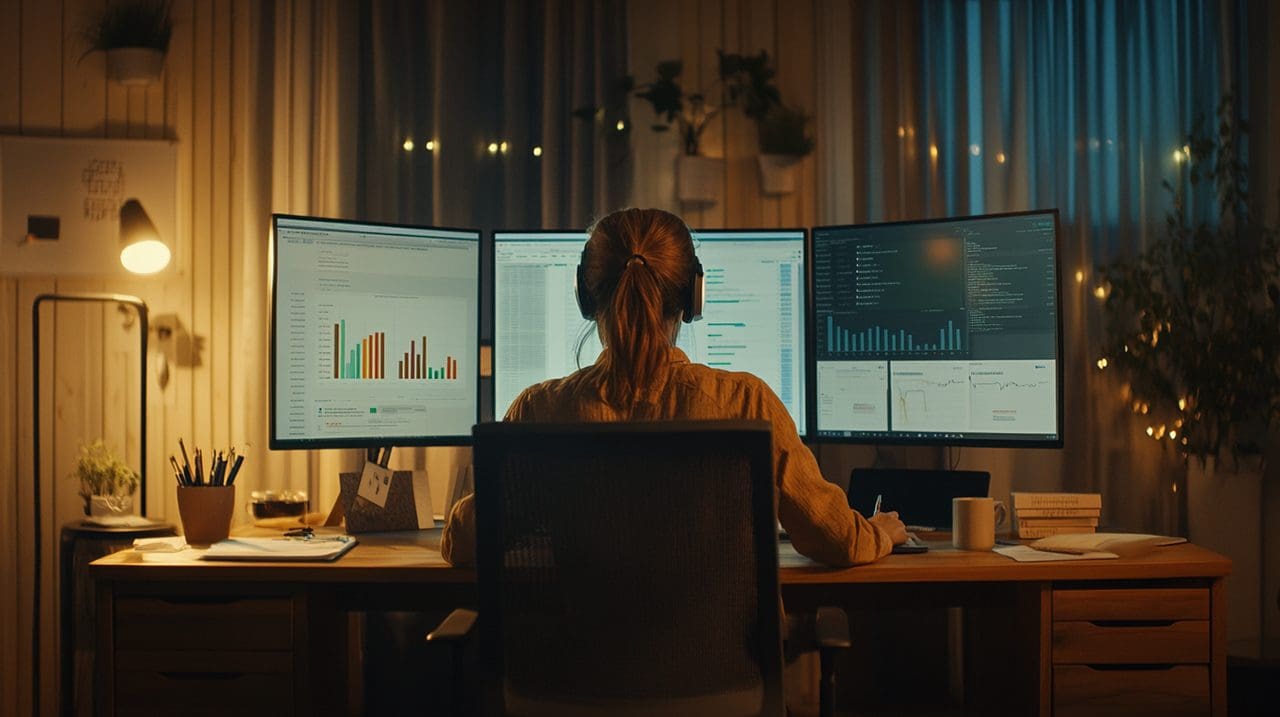 A dedicated SEO expert working late in a modern home office, analyzing Google’s 2024 algorithm updates on a dual-monitor setup. The focused workspace is illuminated by a soft desk lamp, creating an immersive environment with notes, strategy charts, and coffee nearby, symbolizing dedication and expertise.